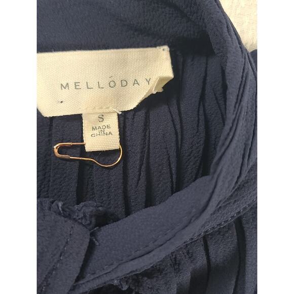 Melloday pleated design flutter sleeve women's blouse navy blue Sz Small office - Picture 6 of 7